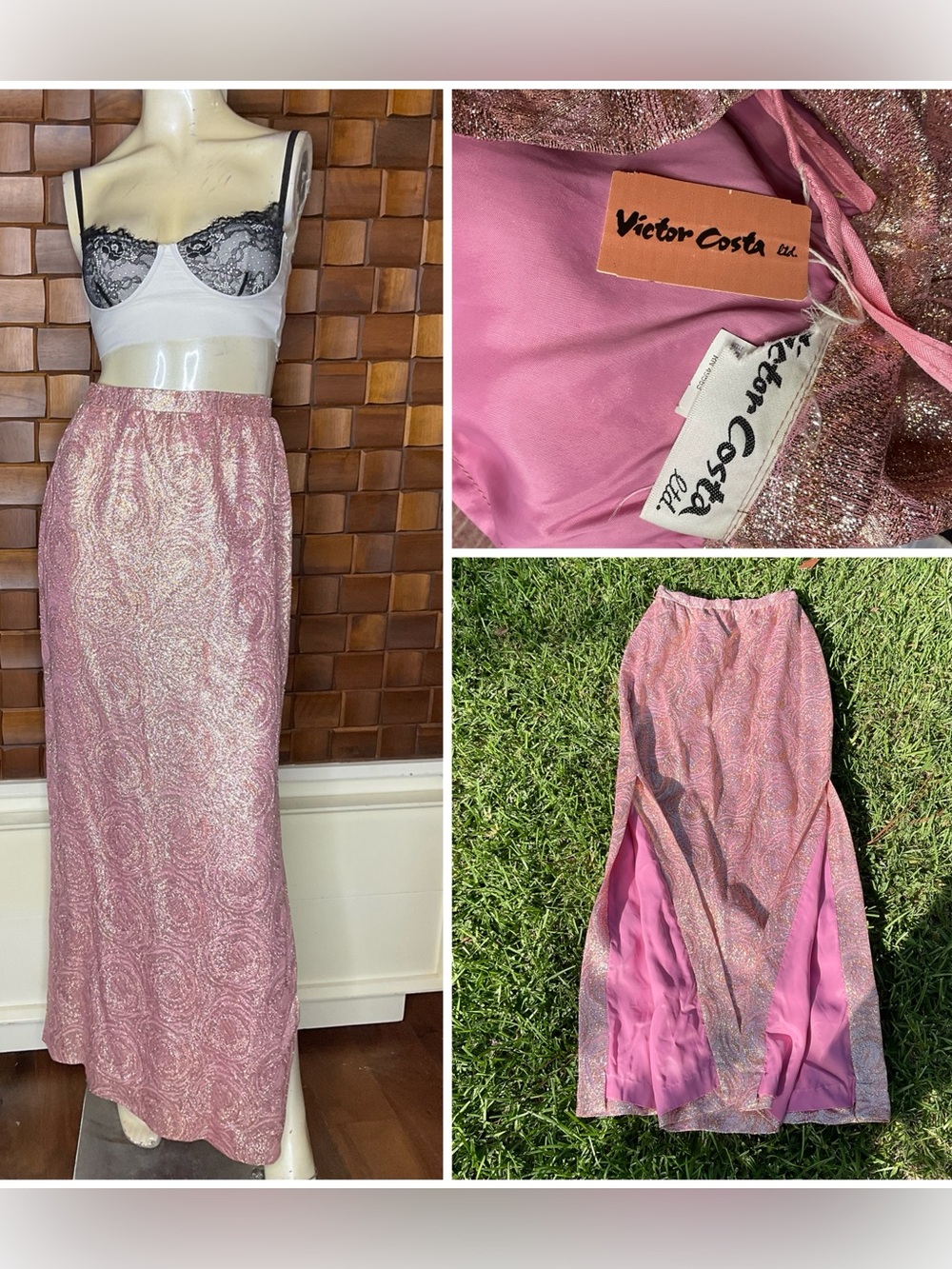 NWT Deadstock Metallic Rose Gold Brocade Victor Costa High Waist Maxi Skirt XS